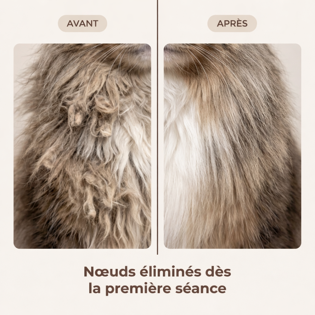 Pelage chat avant après peigne démêlant - nœuds éliminés en douceur