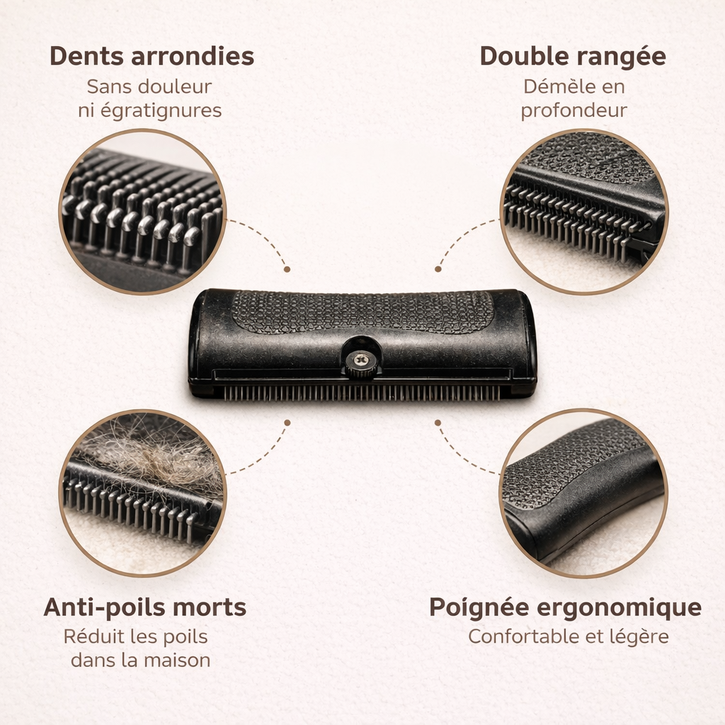 Gros plan dents arrondies acier inoxydable brosse chien sans douleur