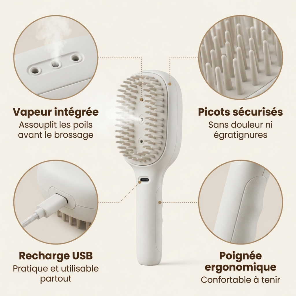 Caractéristiques brosse vapeur animaux picots doux recharge USB