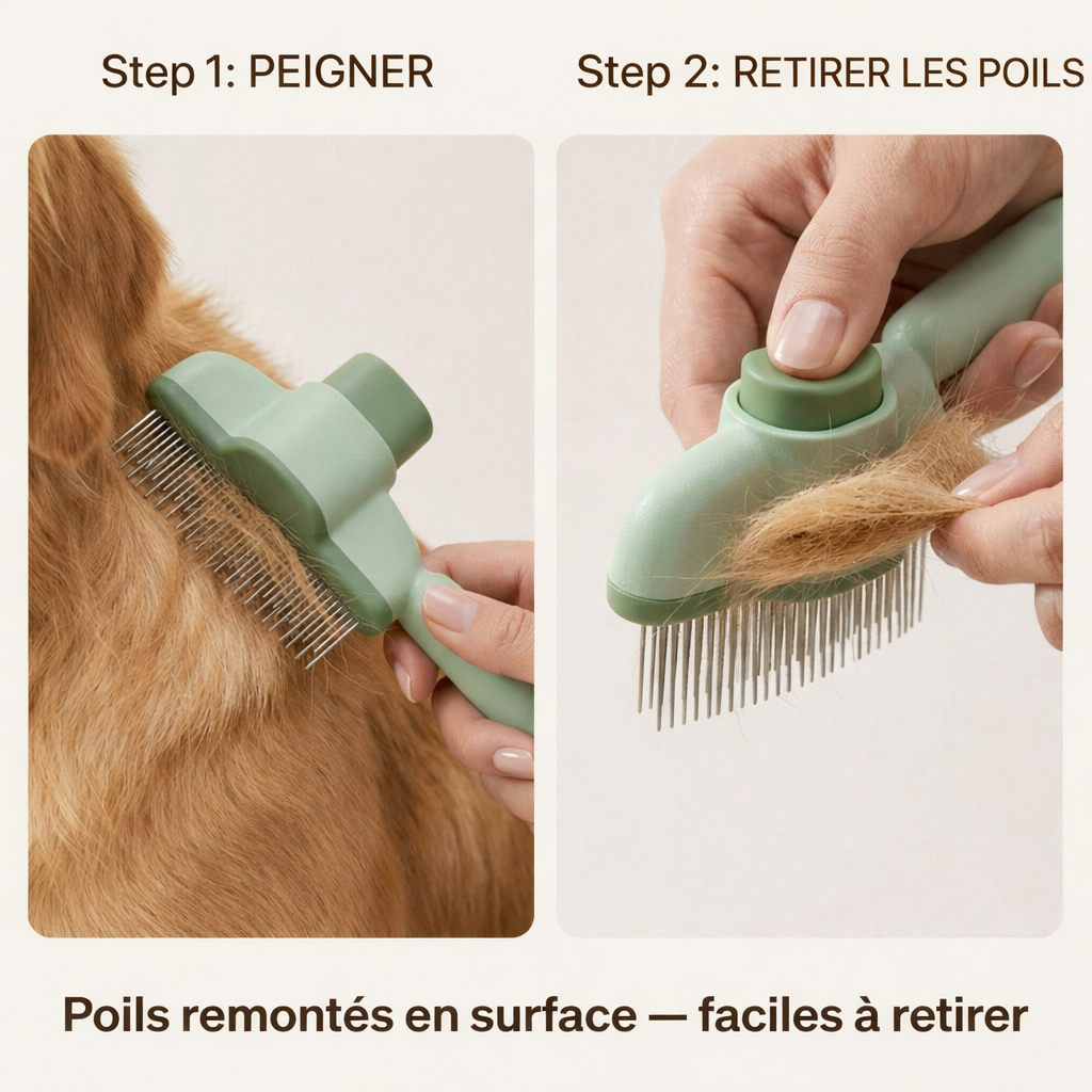 Bouton poussoir peigne toilettage remonte poils en surface