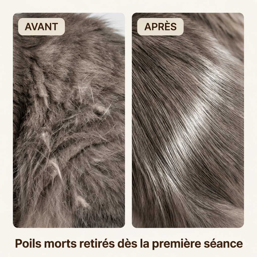 Pelage chat avant après peigne toilettage auto-nettoyant