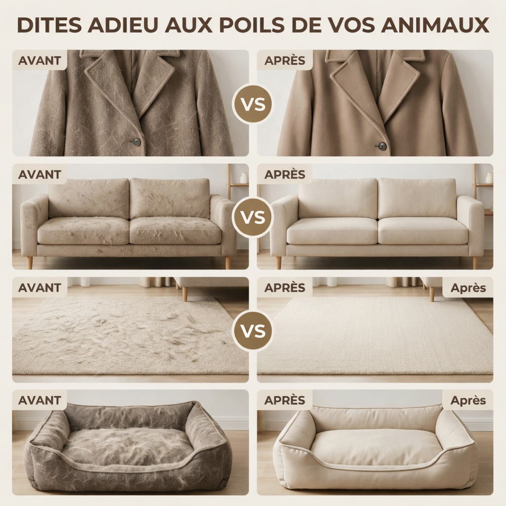 Surface avant après gant anti-poils - poils chien éliminés en 1 passage