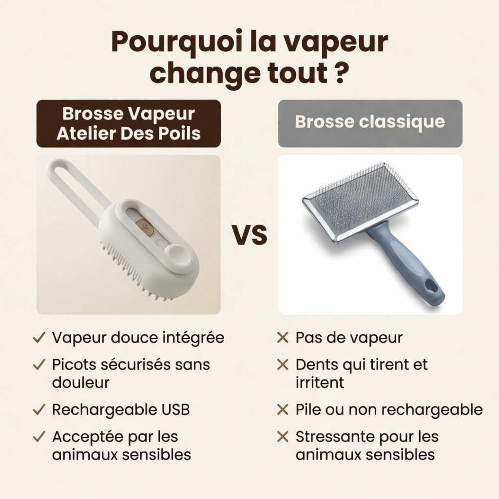 Caractéristiques brosse vapeur animaux picots doux recharge USB