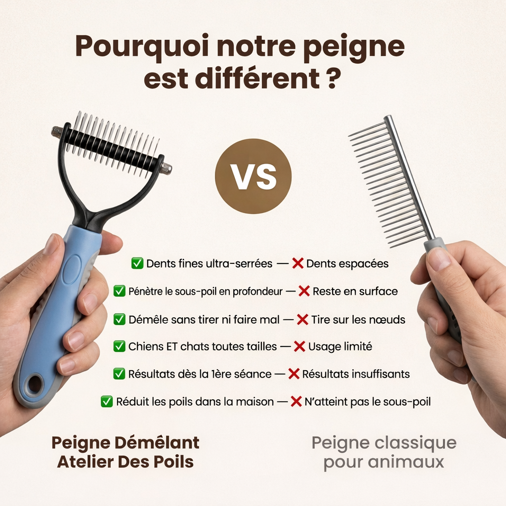 Peigne démêlant Atelier Des Poils vs peigne classique pour animaux