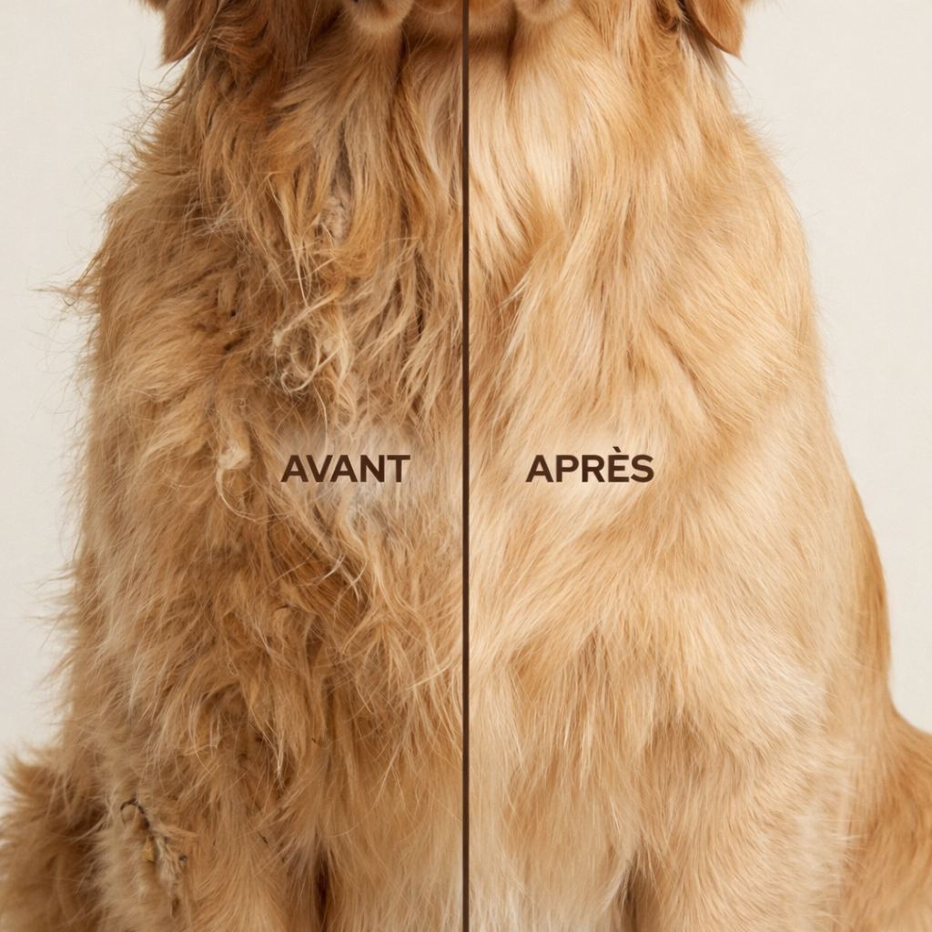 Pelage chien avant après peigne démêlant - nœuds éliminés en douceur