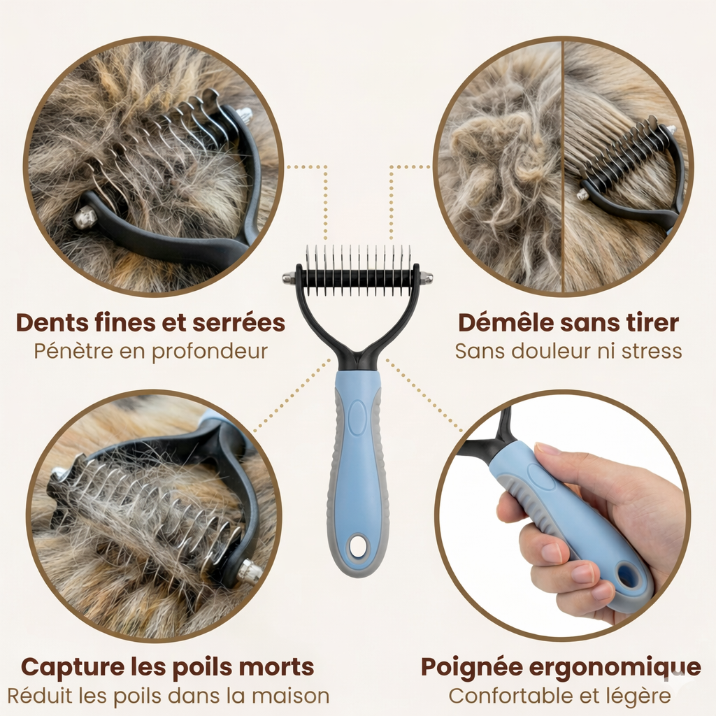 Gros plan dents fines peigne démêlant pénètre sous-poil chien chat