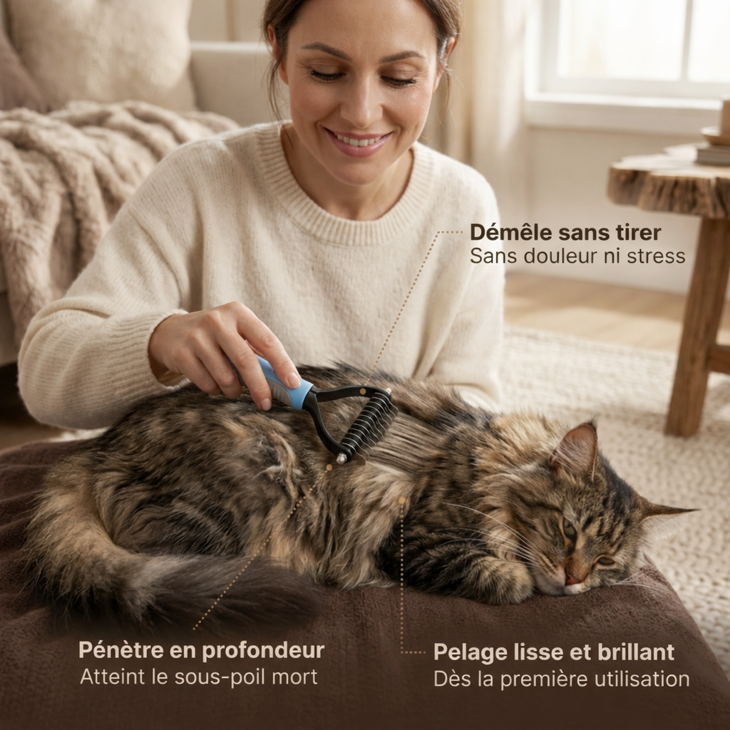 Femme démêlant pelage chat avec peigne démêlant