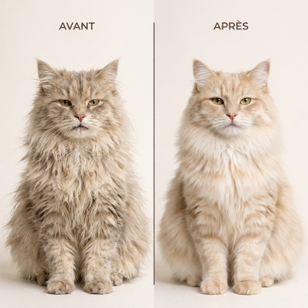 Peigne toilettage vert utilisé sur pelage chat - étape brossage