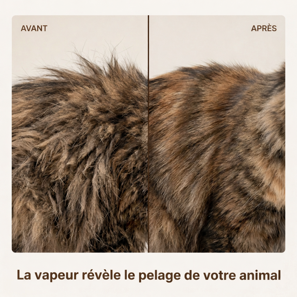Pelage chat avant après brosse vapeur - résultat première utilisation
